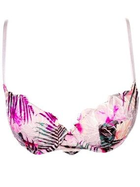 Victoria's Secret Neon Hot Pink Purple Floral Print Lace Date Push-up Bra 32C